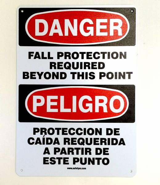 Danger Fall Protection Required Beyond This Point Sign - Bilingual